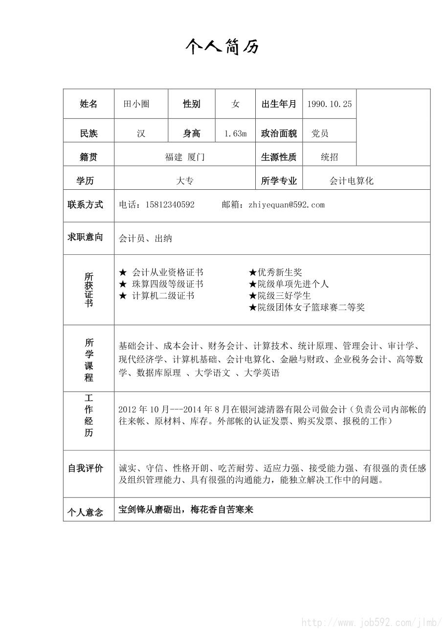 会计简历模板下载-(一份优秀的会计简历模板)